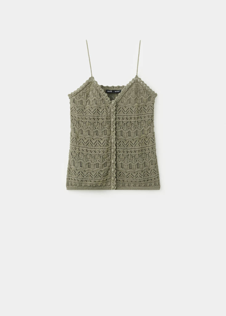 Openwork knitted top with buttons — Khaki
