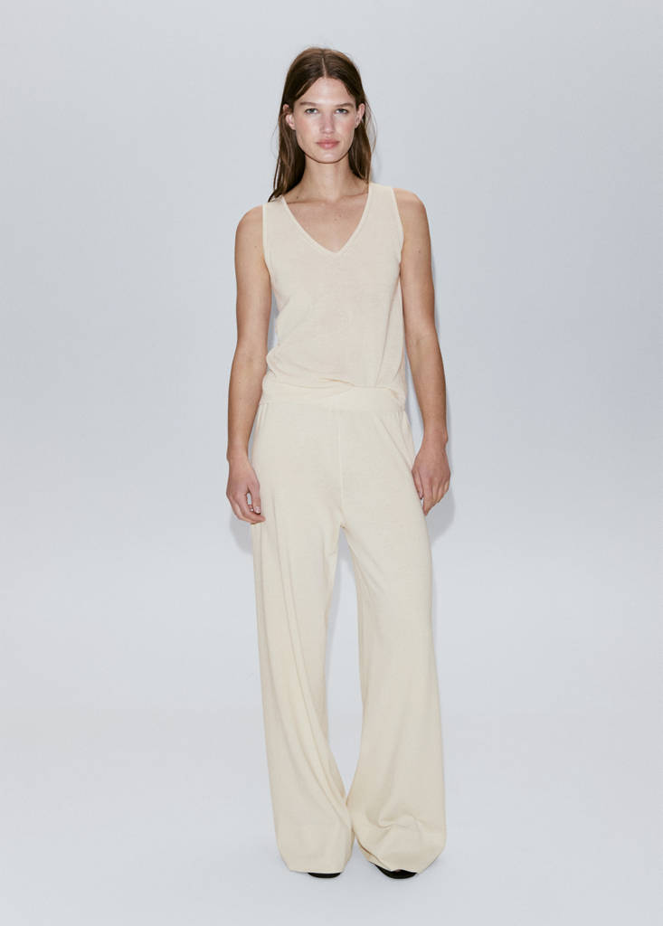 V-neck knit top — Sand