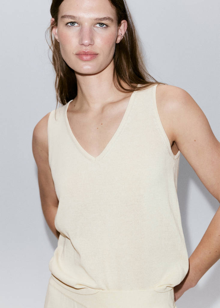 V-neck knit top — Sand