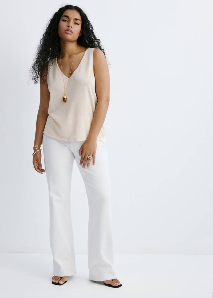 V-neck knit top — Sand