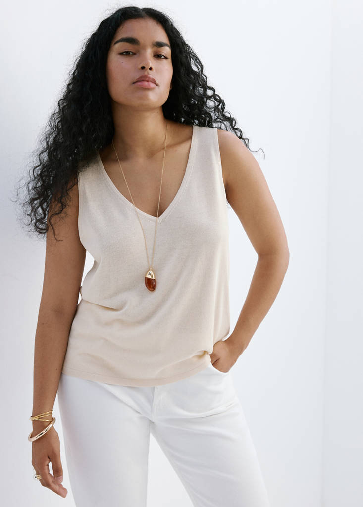 V-neck knit top — Sand