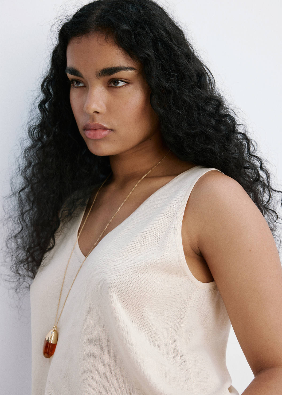 V-neck knit top — Sand