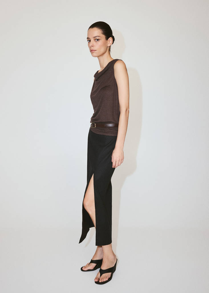 Linen top with draped neck — Brown