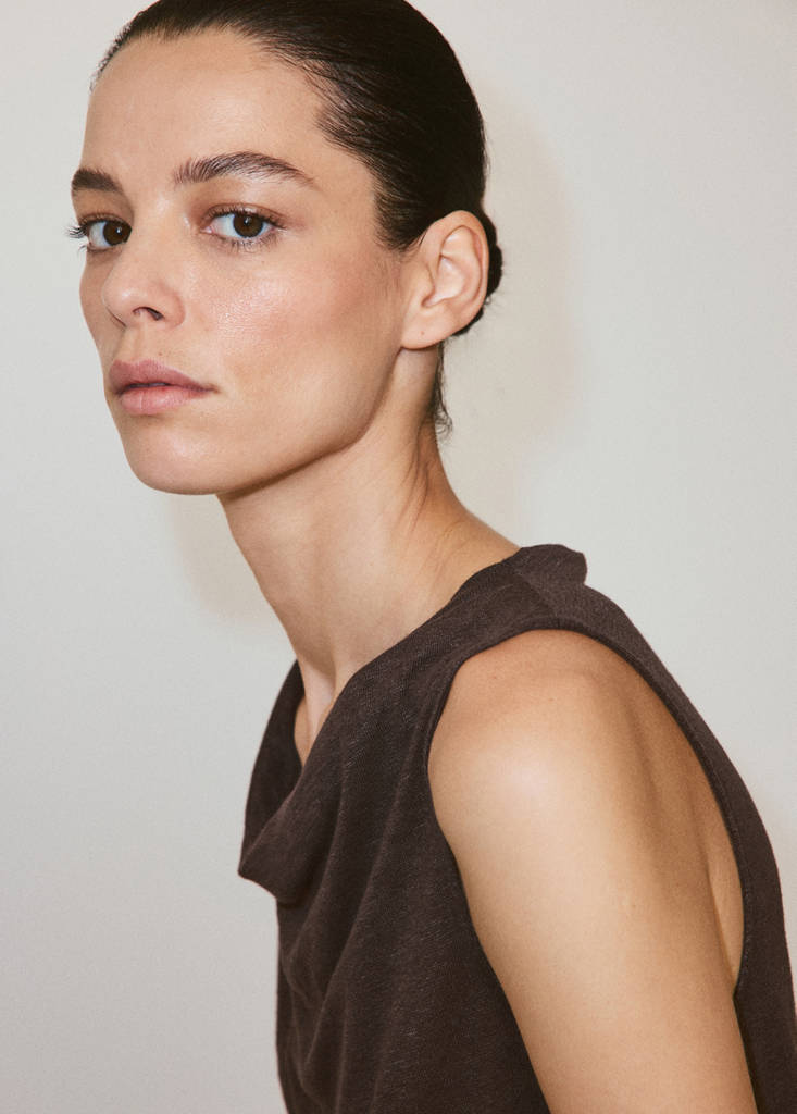 Linen top with draped neck — Brown