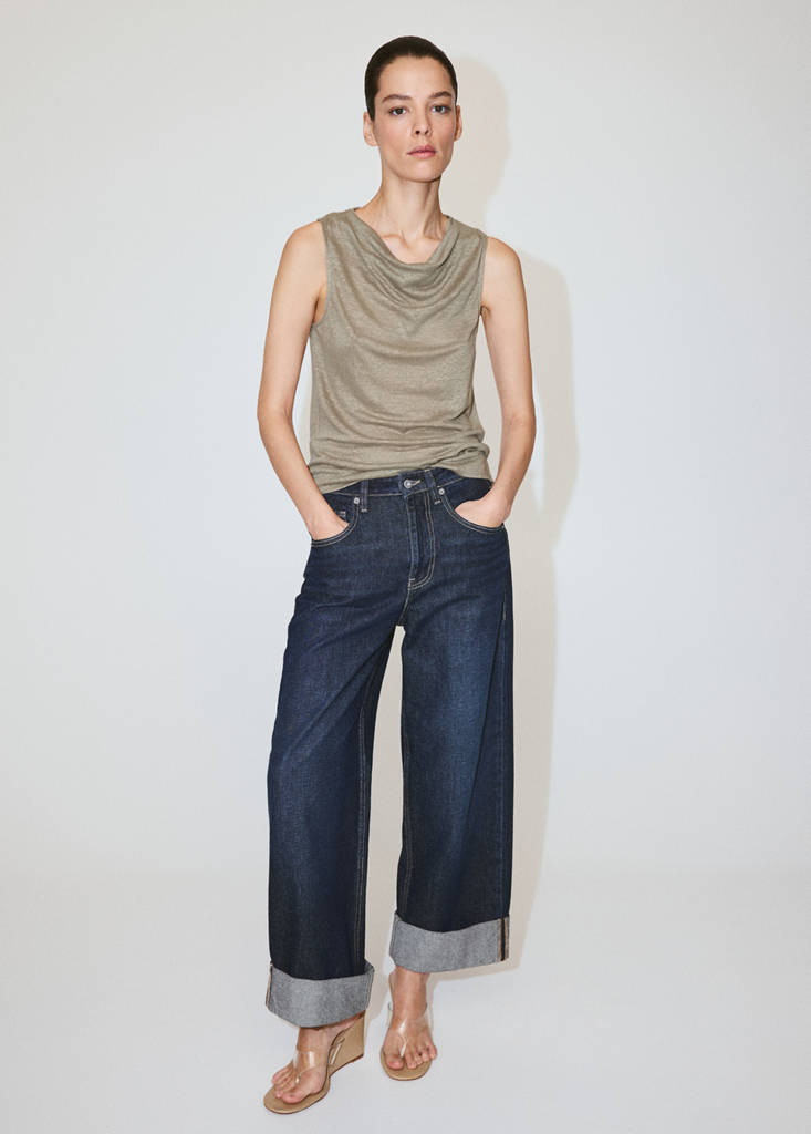 Linen top with draped neck — Khaki