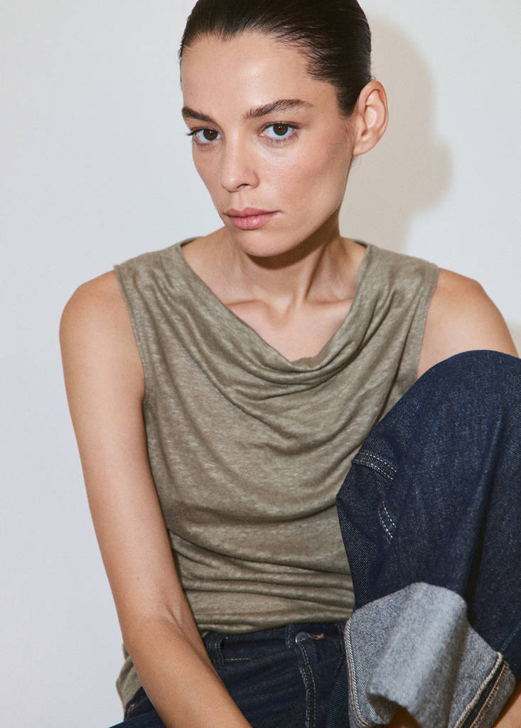 Linen top with draped neck — Khaki