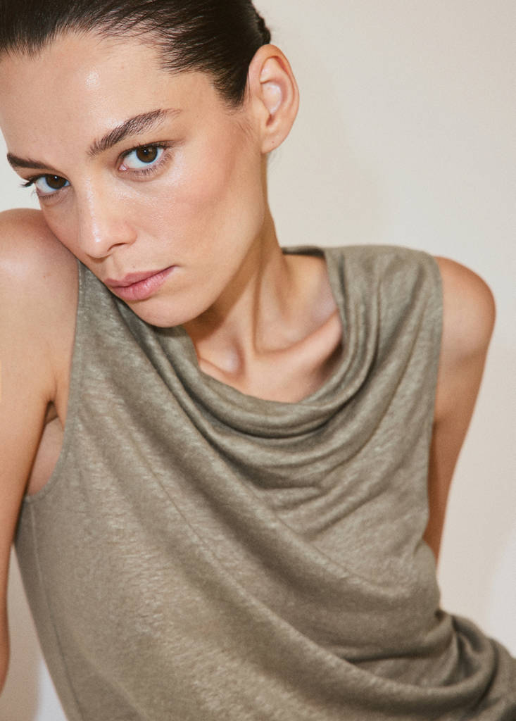 Linen top with draped neck — Khaki
