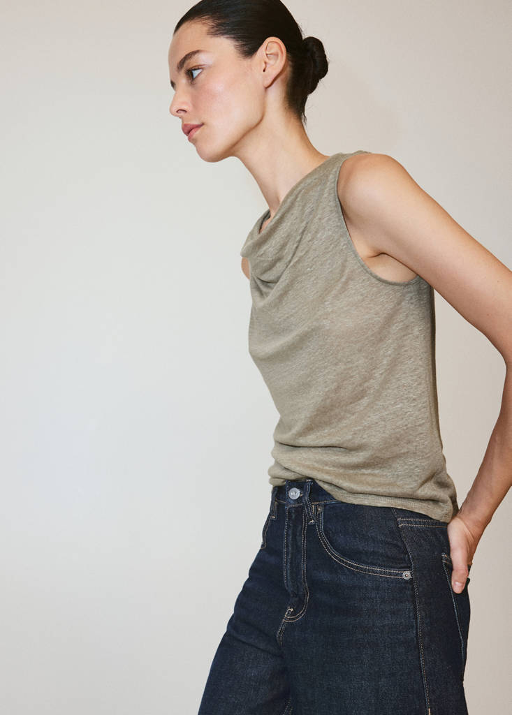 Linen top with draped neck — Khaki