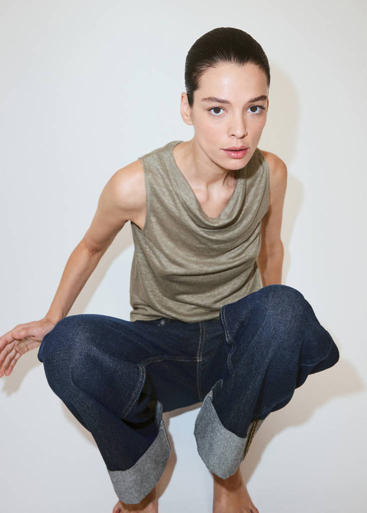 Linen top with draped neck — Khaki