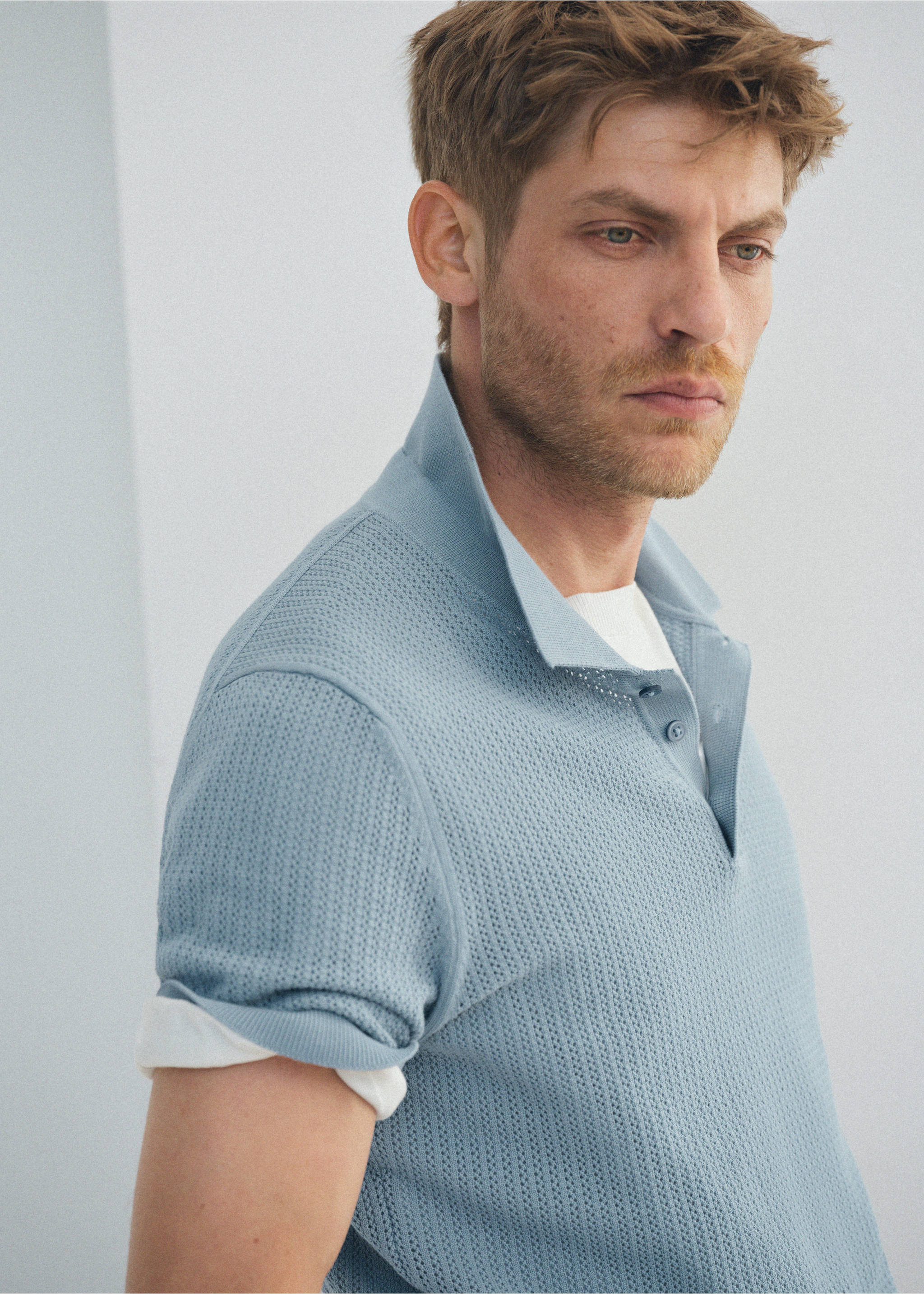Open-knit 100% cotton polo shirt - Details of the article 5, Aqua Green. Ref: 37001439-00.