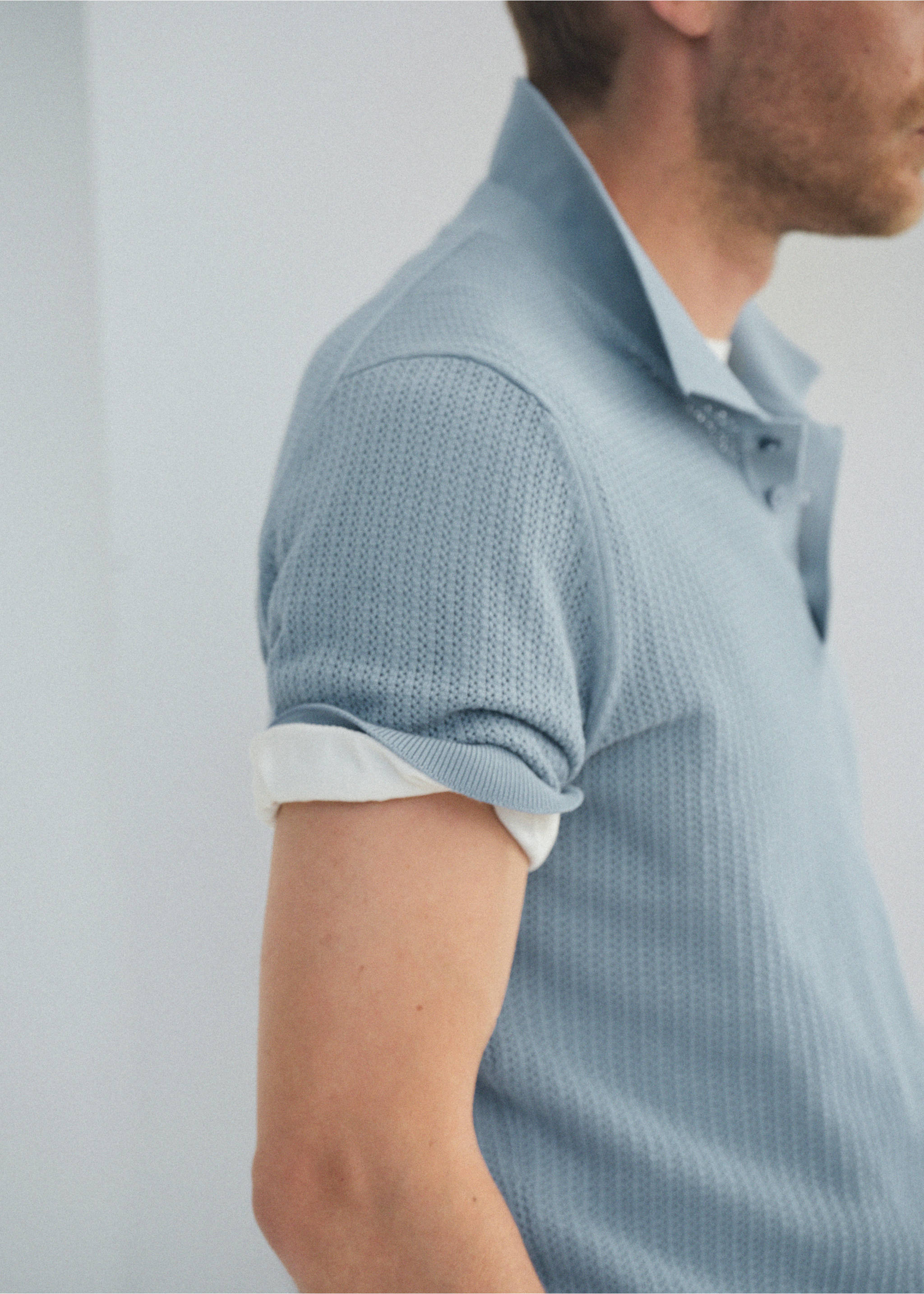 Open-knit 100% cotton polo shirt - Details of the article 6, Aqua Green. Ref: 37001439-00.