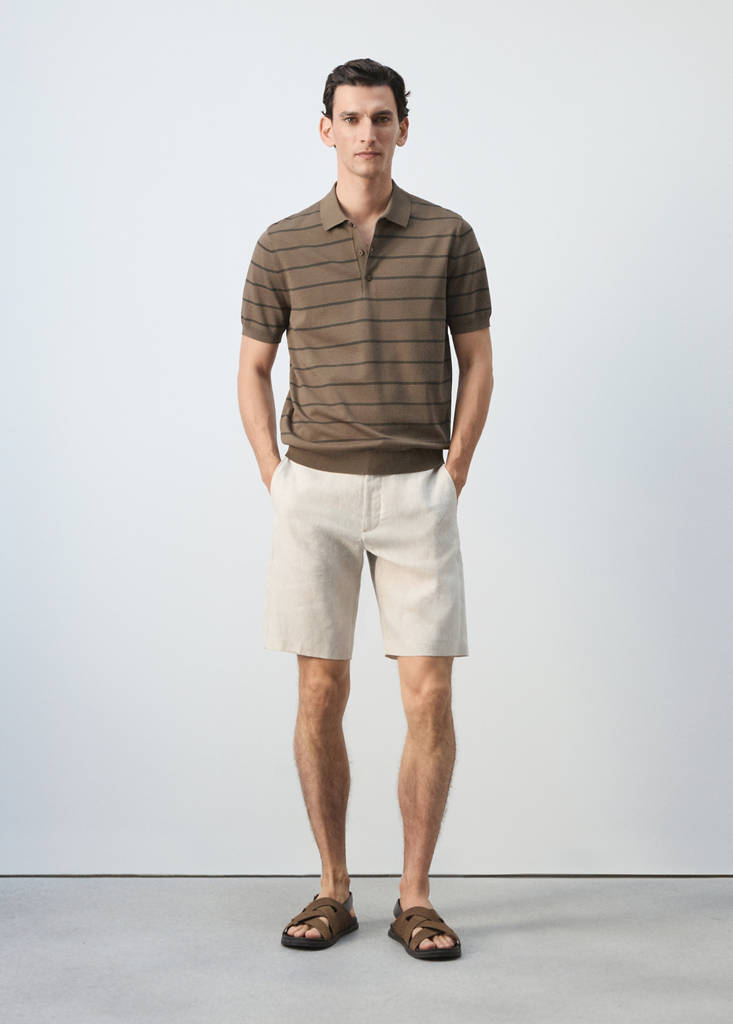 Striped fine-knit polo shirt — Medium Brown