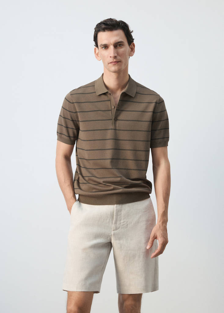 Striped fine-knit polo shirt — Medium Brown