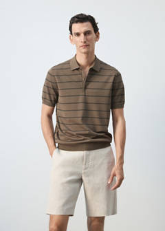 Striped fine-knit polo shirt — Medium Brown 1