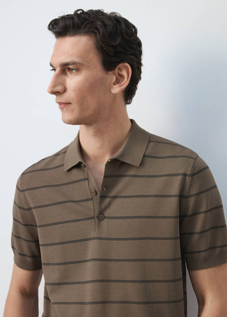 Striped fine-knit polo shirt — Medium Brown