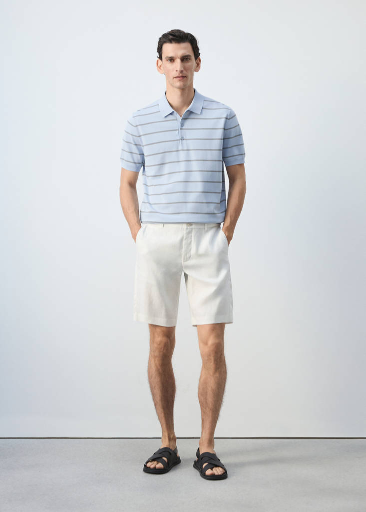 Striped fine-knit polo shirt — Sky Blue