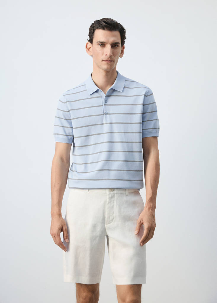 Striped fine-knit polo shirt — Sky Blue
