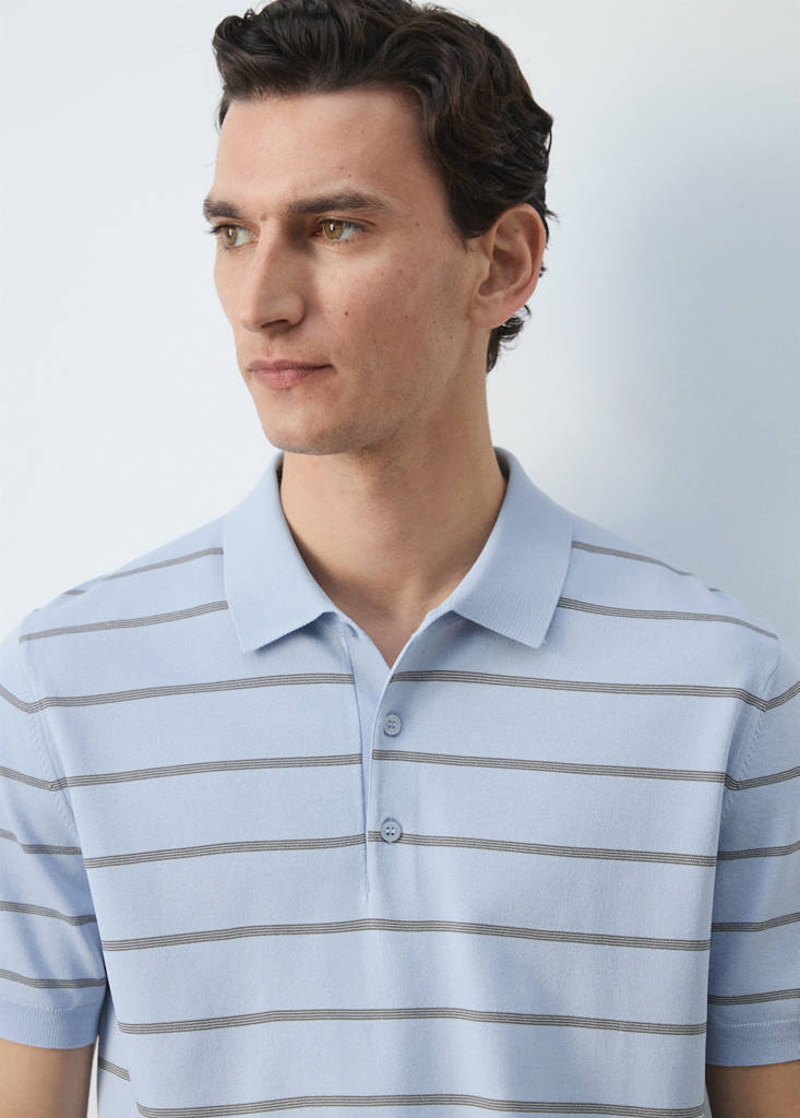 Striped fine-knit polo shirt — Sky Blue