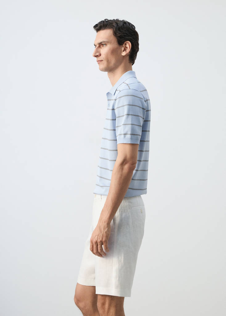 Striped fine-knit polo shirt — Sky Blue