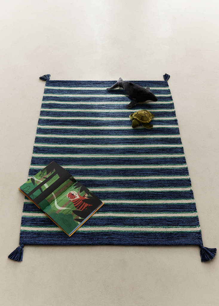 Small 100% cotton striped rug — Navy