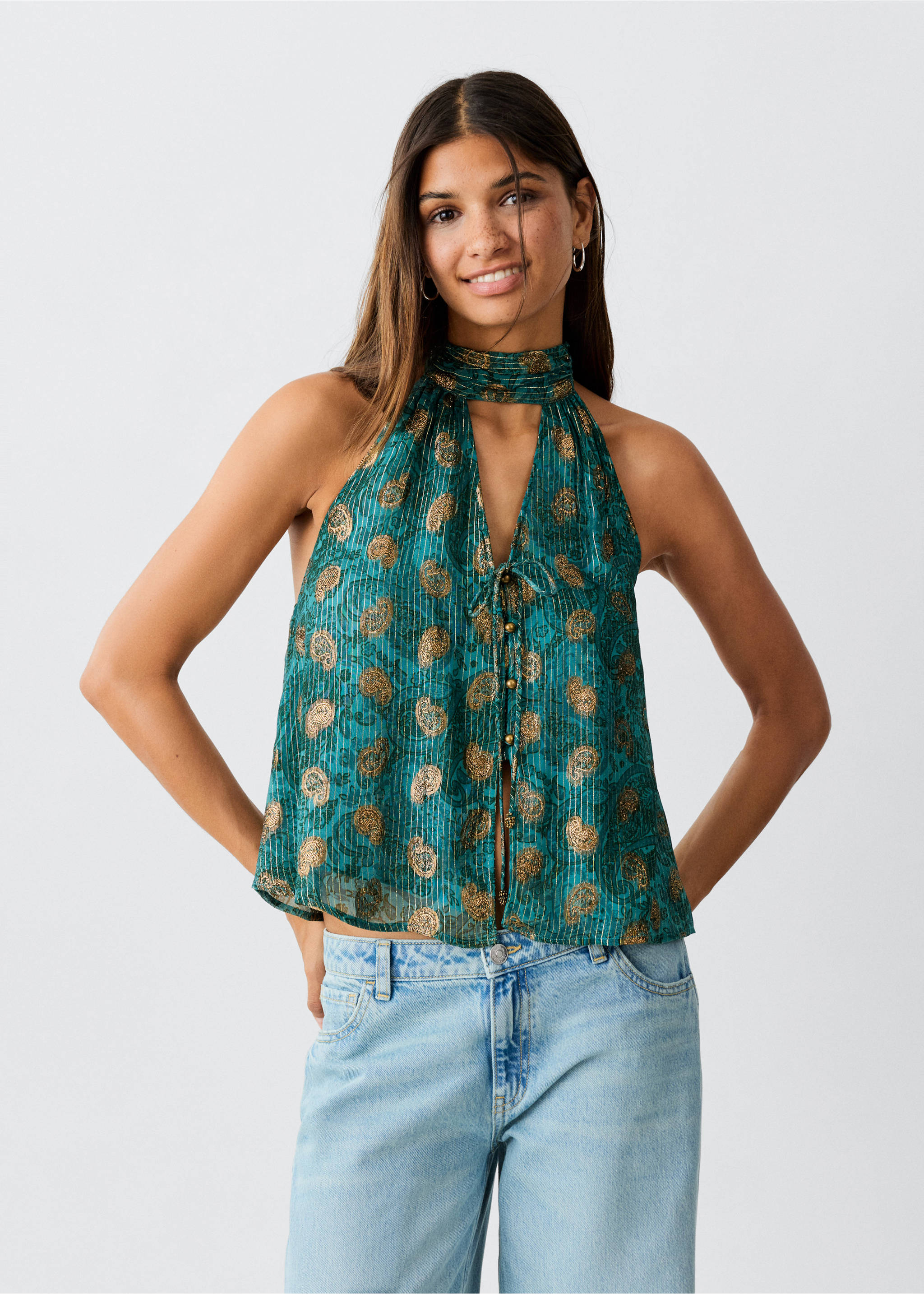 Printed halter top - Medium plane, Petrol Blue. Ref: 37001516-00.