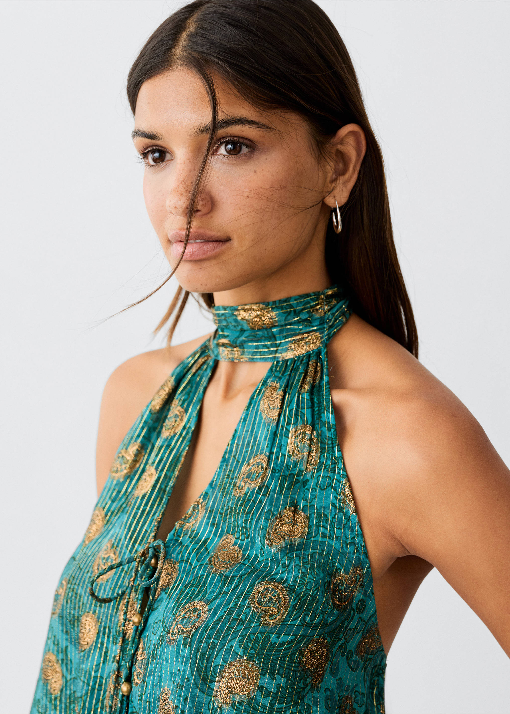Printed halter top - Details of the article 1, Petrol Blue. Ref: 37001516-00.