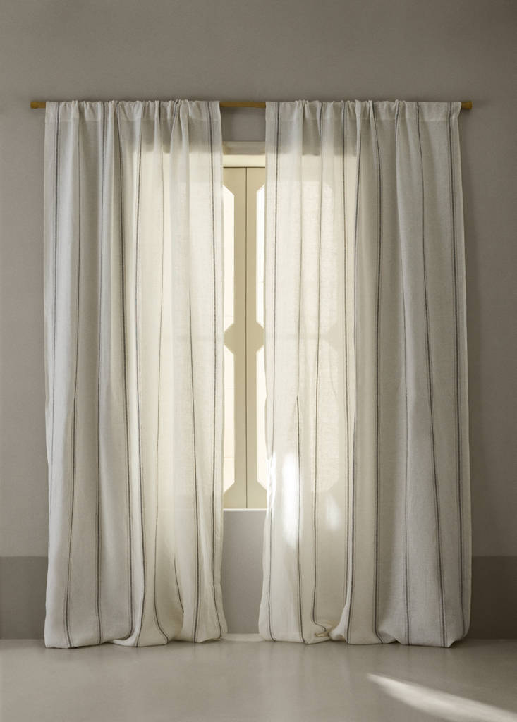 Linen curtain with woven stripe contrast, medium opacity — Sand