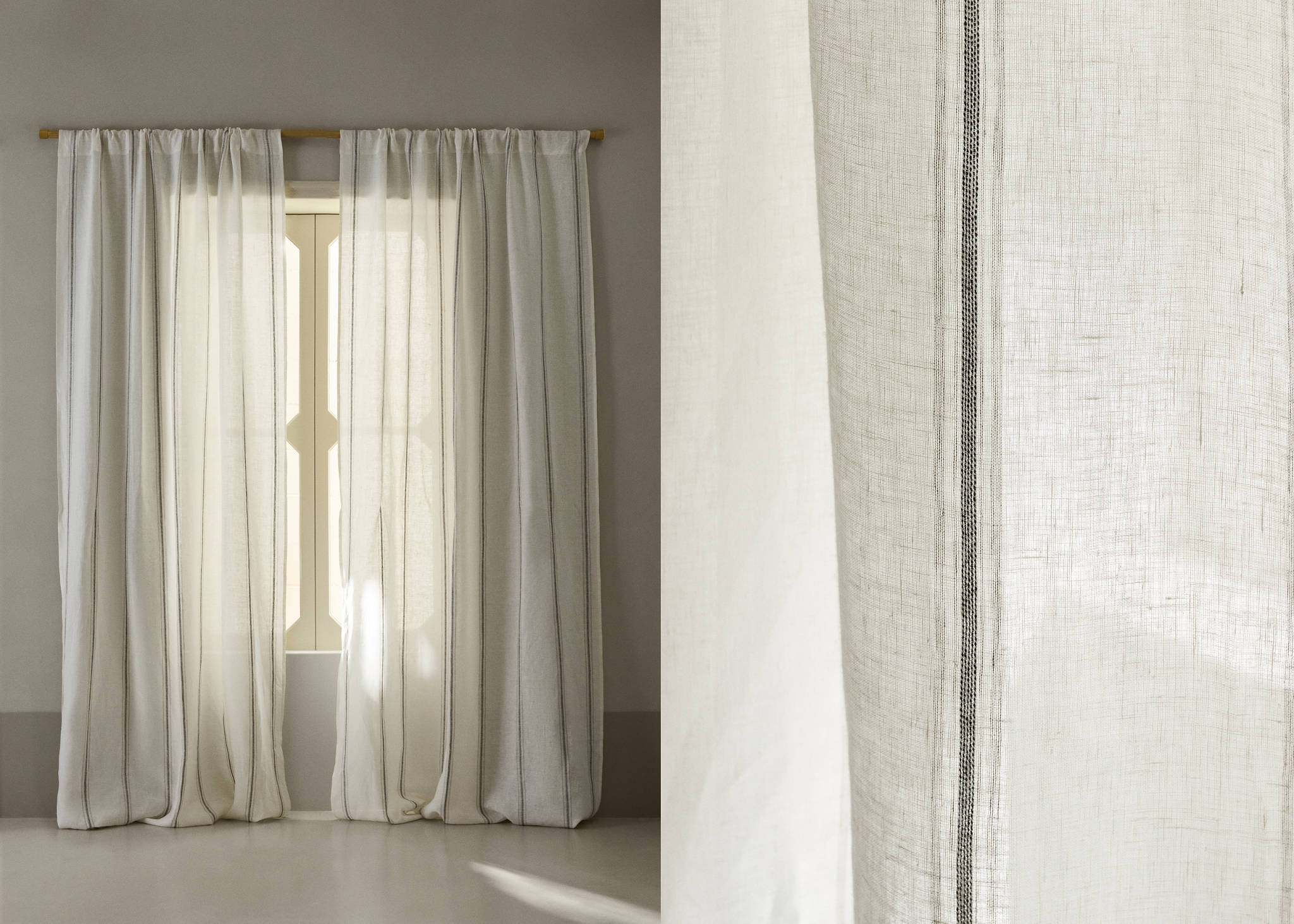 Linen curtain with woven stripe contrast, medium opacity - Panoramic plane