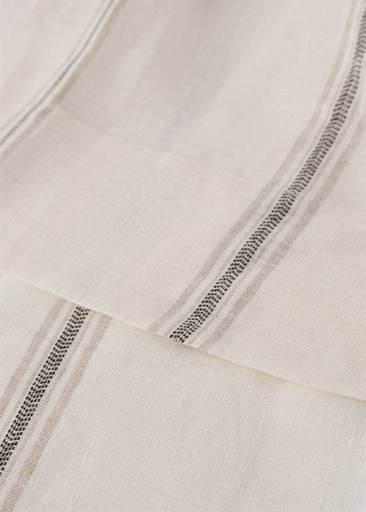 Linen curtain with woven stripe contrast, medium opacity — Sand