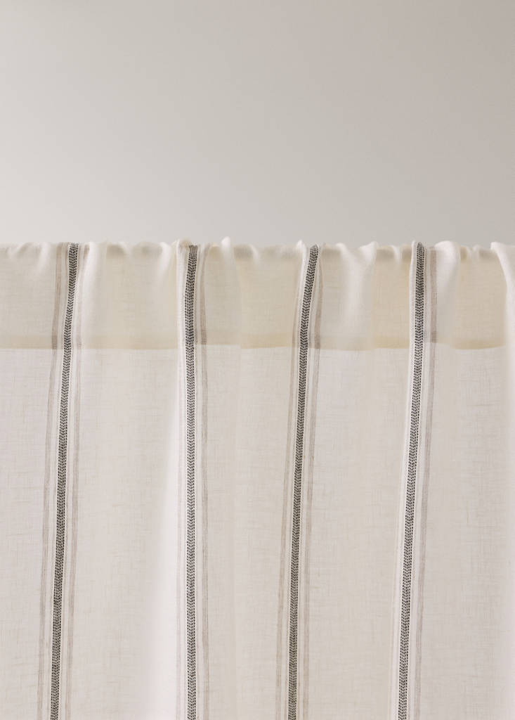 Linen curtain with woven stripe contrast, medium opacity — Sand