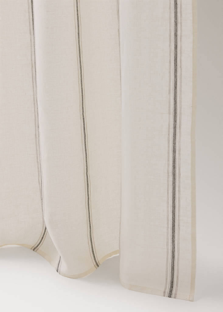 Linen curtain with woven stripe contrast, medium opacity — Sand