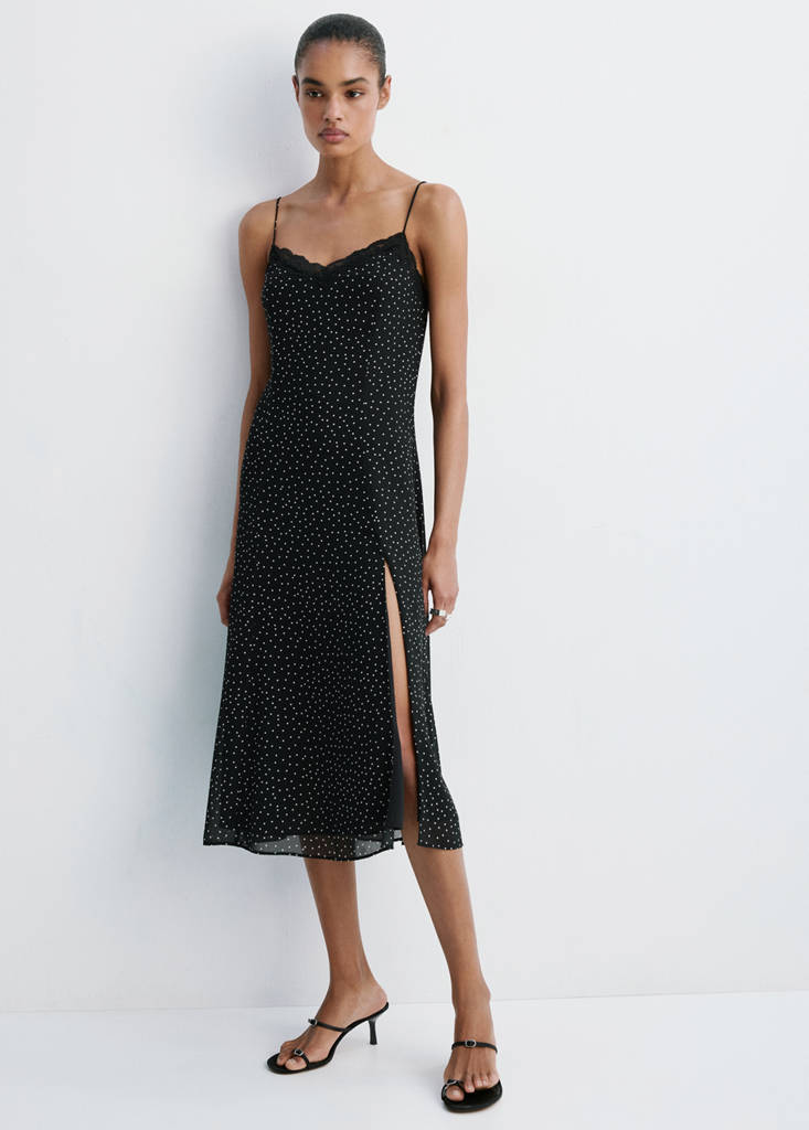 Polka dot dress with lace trim — Black