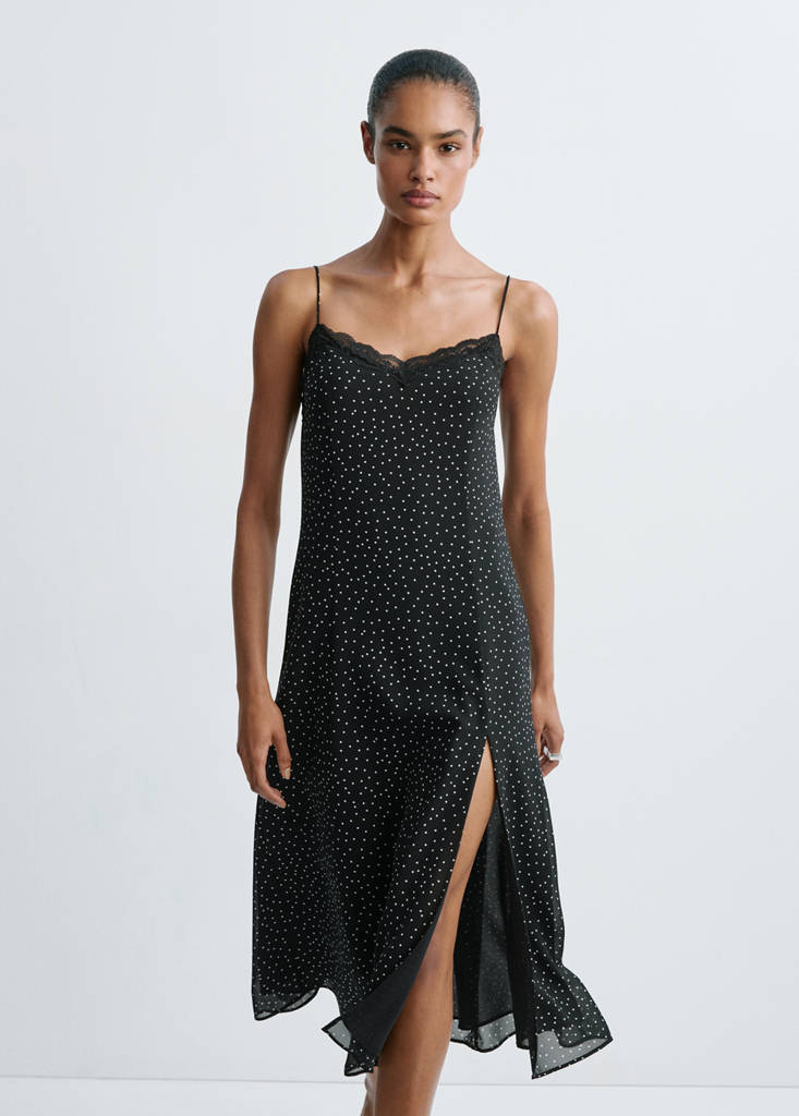 Polka dot dress with lace trim — Black