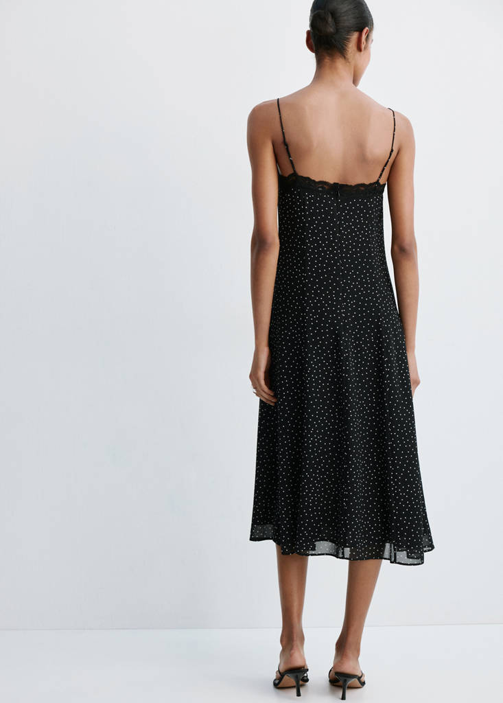Polka dot dress with lace trim — Black