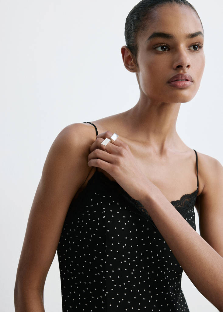 Polka dot dress with lace trim — Black