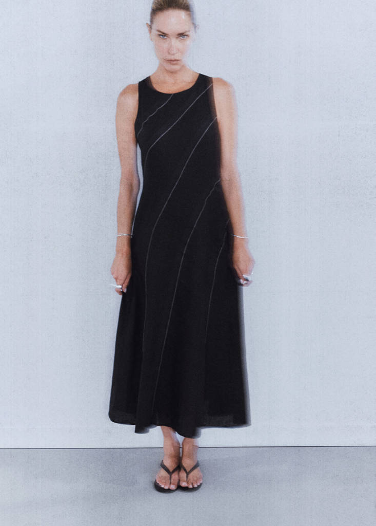 Linen dress with contrast stitching — Black