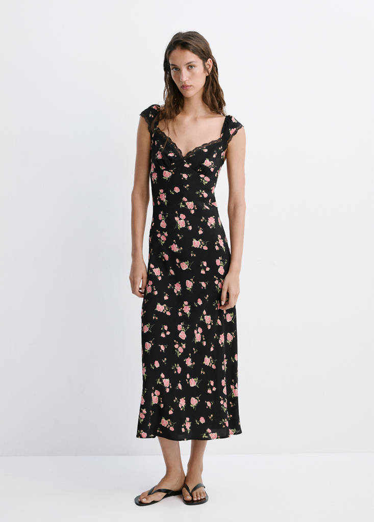 Floral dress with lace trim — Black