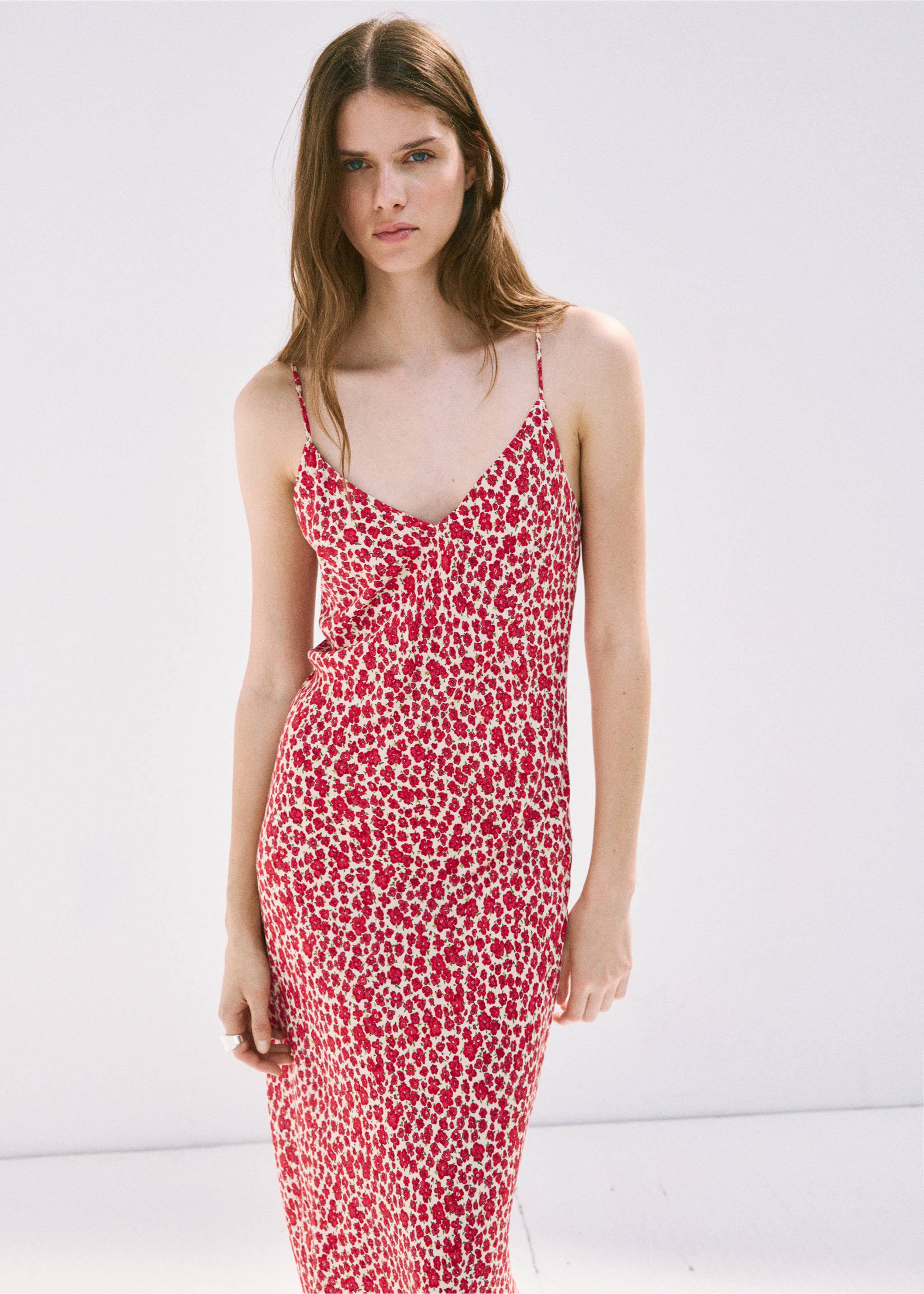 Printed V-neck dress - Medium plane, Ecru. Ref: 37002531-00.