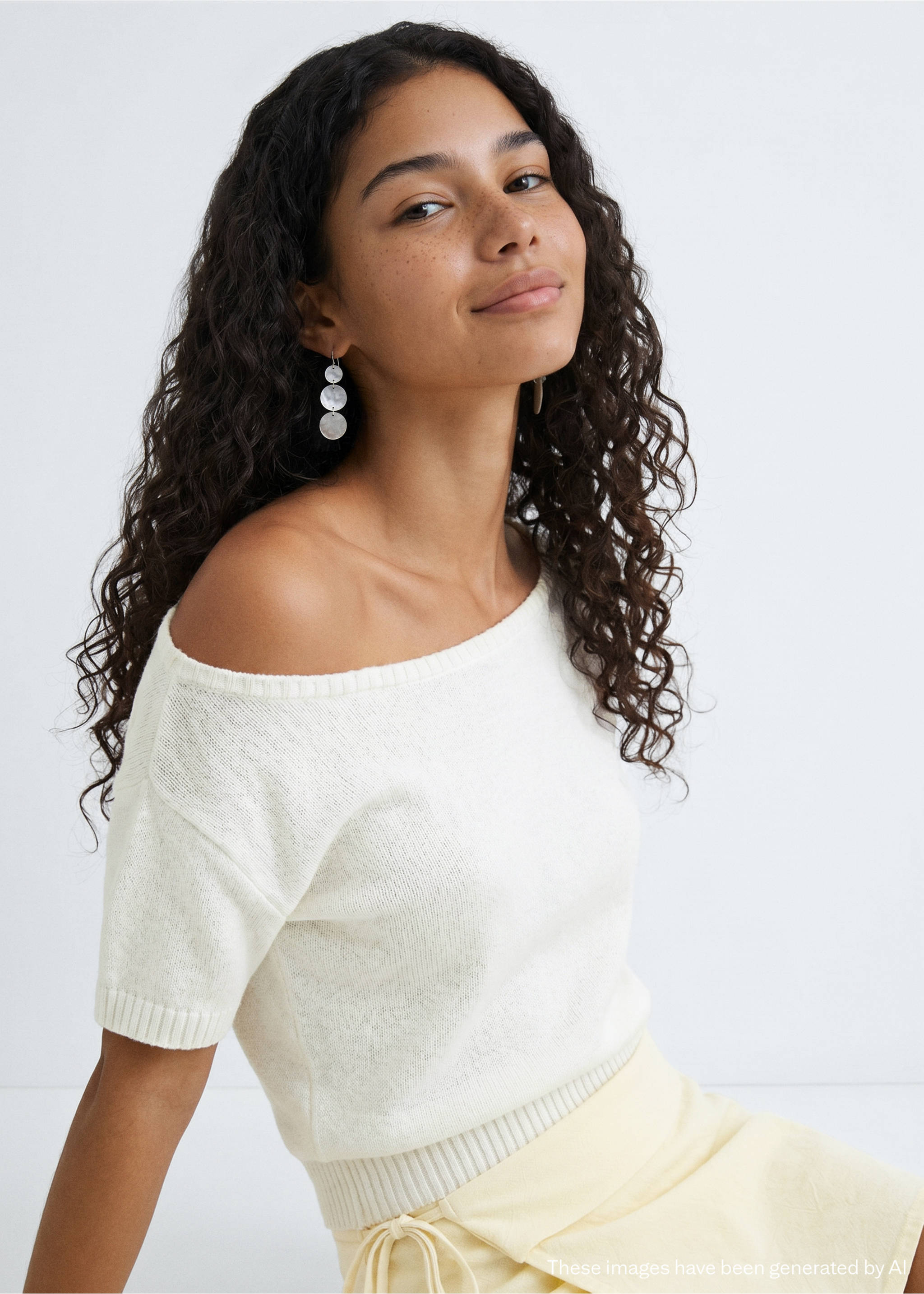 Off-the-shoulder knit sweater - Medium plane, White. Ref: 37002535-00.