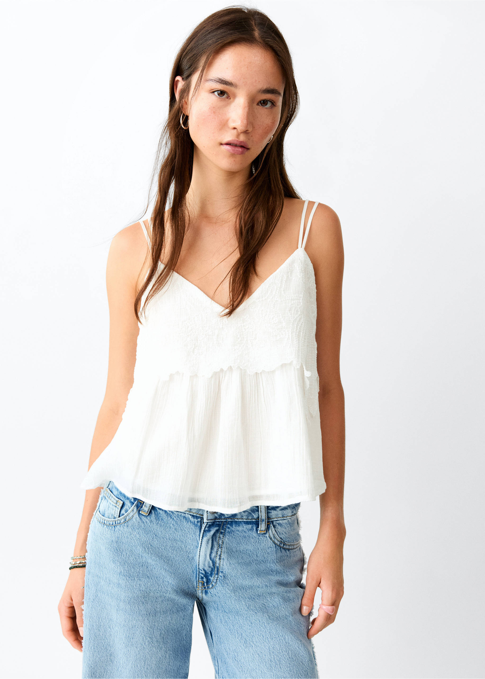 Embroidered strap top - Medium plane, Off White. Ref: 37002537-00.