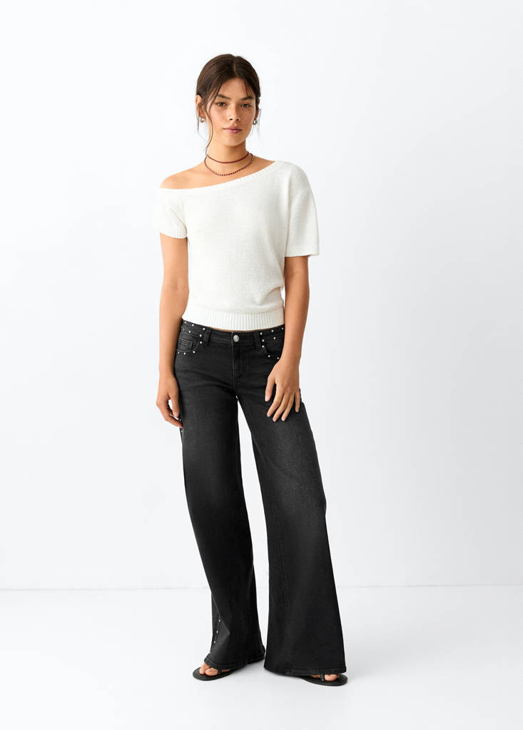 Wide leg jeans with stud details — Black denim