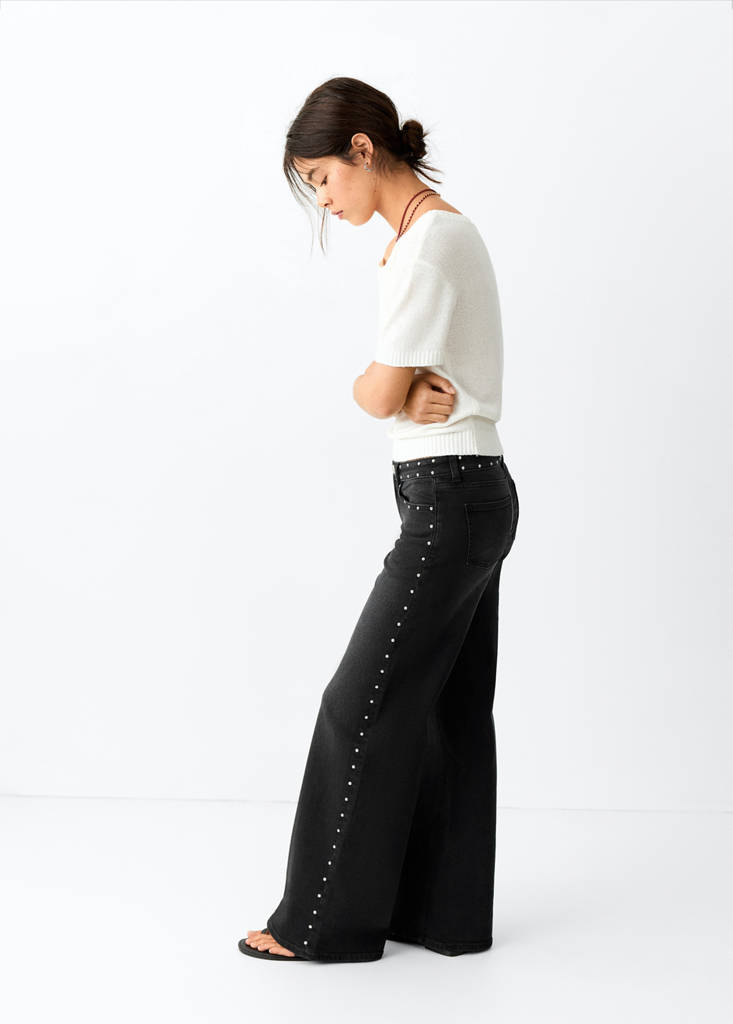 Wide leg jeans with stud details — Black denim