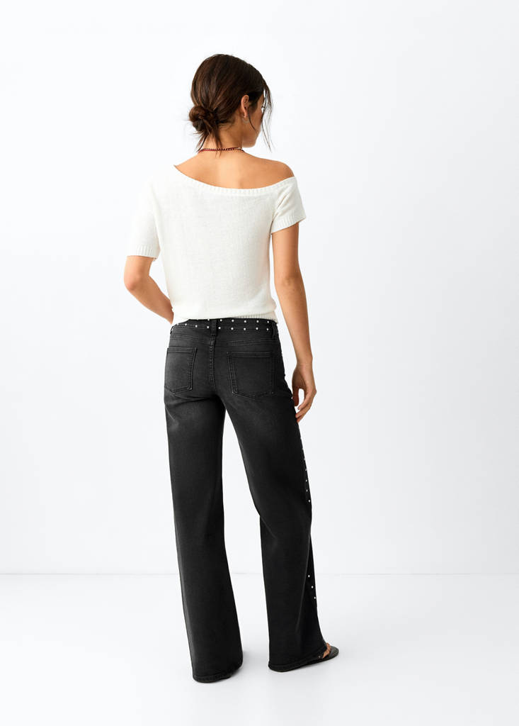 Wide leg jeans with stud details — Black denim