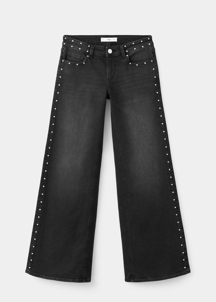 Wide leg jeans with stud details — Black denim