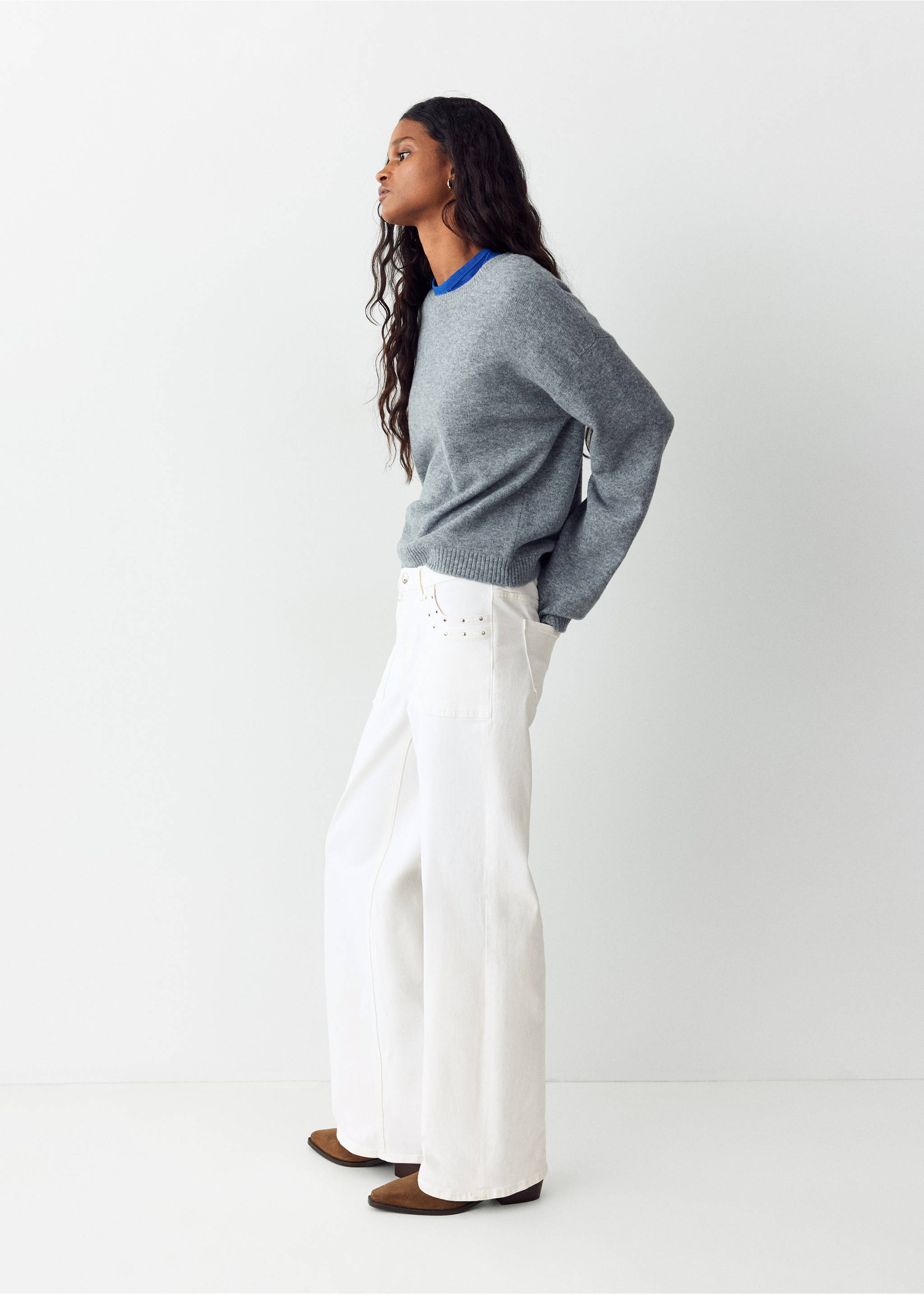 Low-Waist-Jeans mit Nieten - Detail des Artikels 1, Cremeweiß. Ref: 37002545-00.