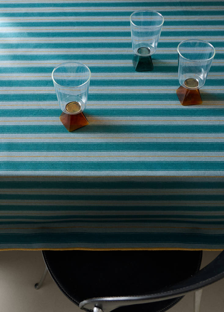 Resin-coated cotton tablecloth with stripes and overlock stitching for 2 or 4 place settings — Petrol Blue