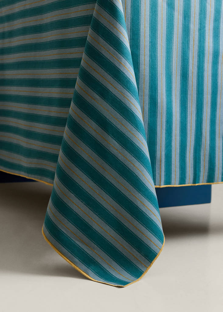 Resin-coated cotton tablecloth with stripes and overlock stitching for 2 or 4 place settings — Petrol Blue