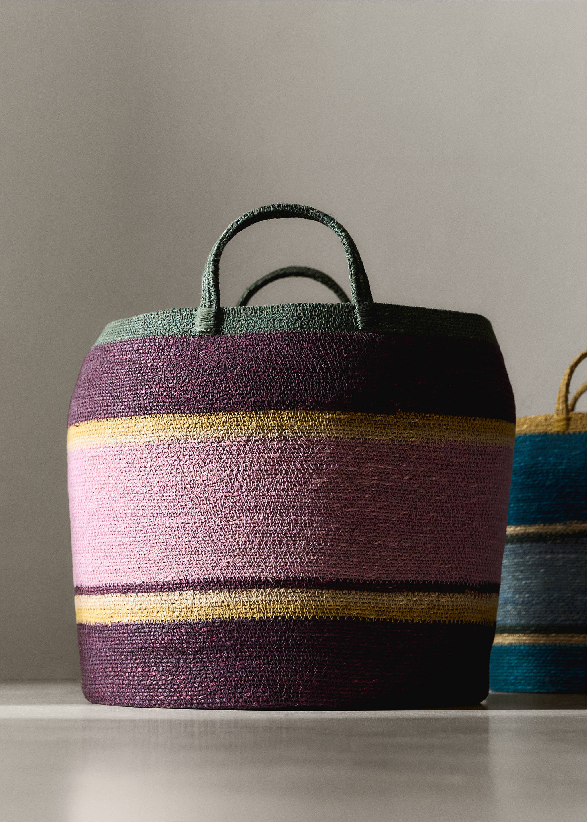 Multicoloured striped seagrass basket - General plane, Purple. Ref: 37002912-00.