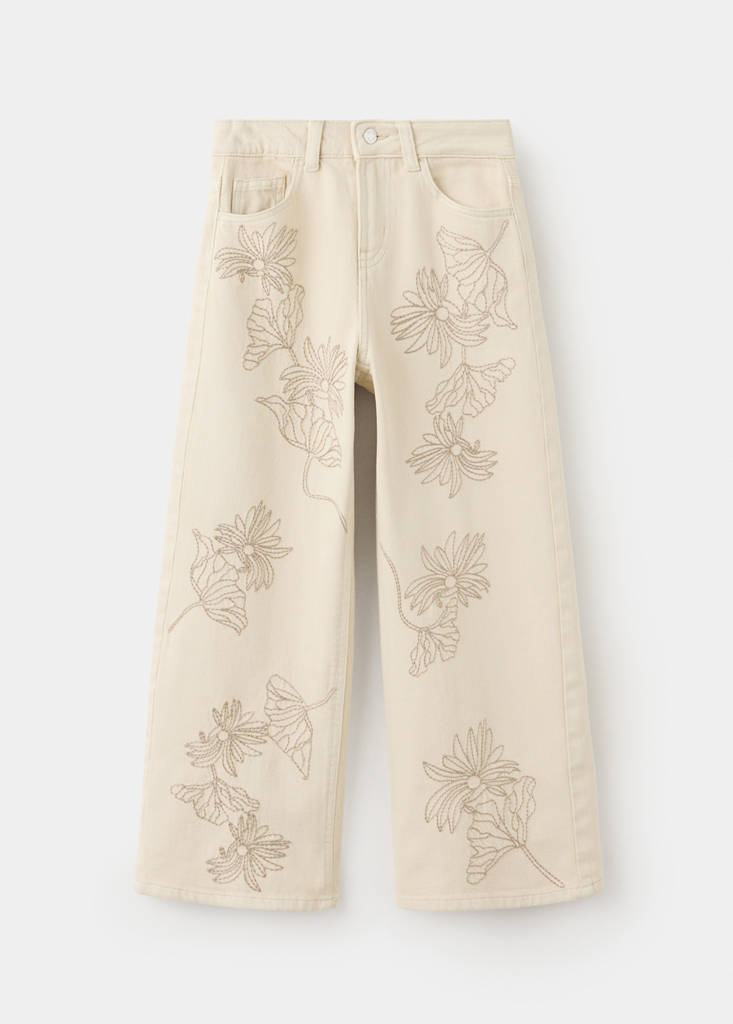 Wide leg jeans with floral embroidery — Ecru