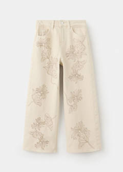 Wide leg jeans with floral embroidery — Ecru 2